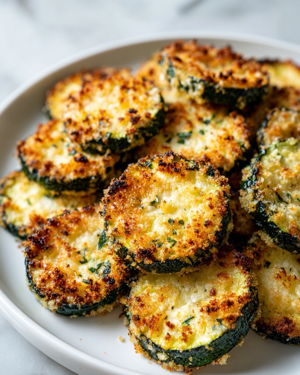 Close-up of crispy baked parmesan zucchini slices piled high on a white plate, showing golden brown coating.