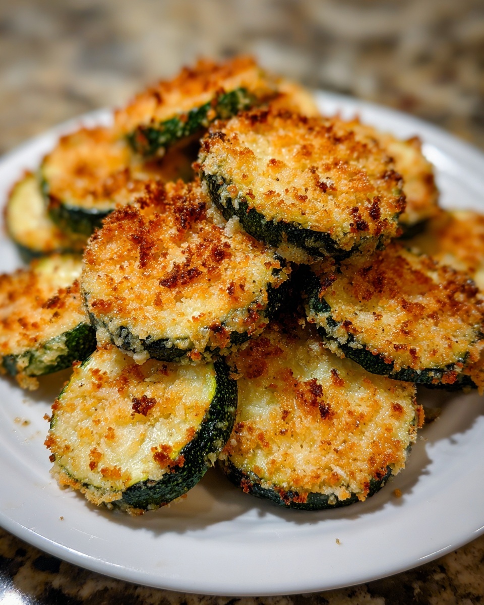 Close-up of golden brown, crispy baked parmesan zucchini slices stacked on a white plate.