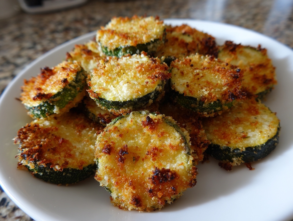 A pile of golden brown, crispy baked parmesan zucchini slices served on a white plate.