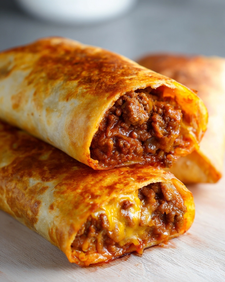 Two crispy, golden-brown chimichangas stacked, showing a rich, savory ground beef filling inside.