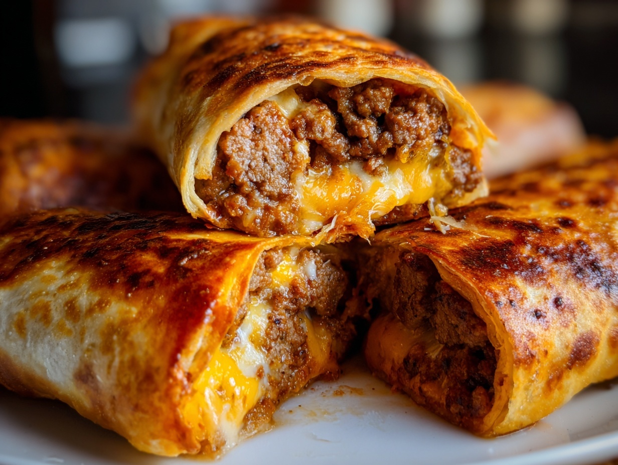 Close-up of crispy, golden-brown Chimichangas cut in half, revealing a savory ground meat and melted cheese filling.