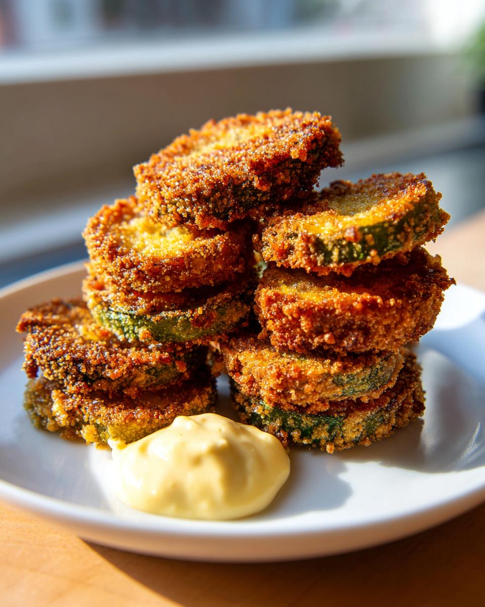 A stack of golden-brown, crispy fried green tomatoes served on a white plate with a dollop of yellow dipping sauce.