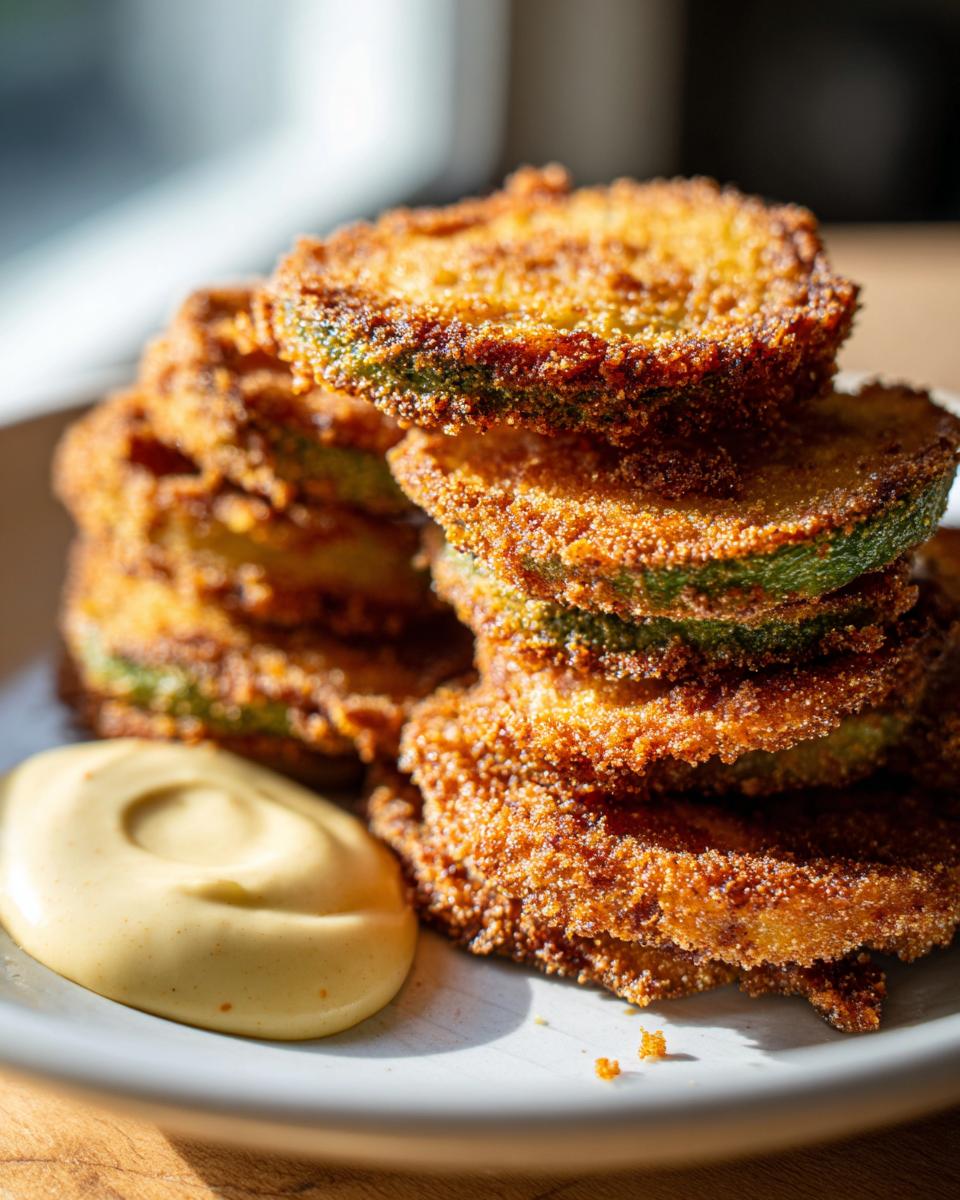 A tall stack of golden brown, crispy fried green tomatoes served with a side of creamy dipping sauce.