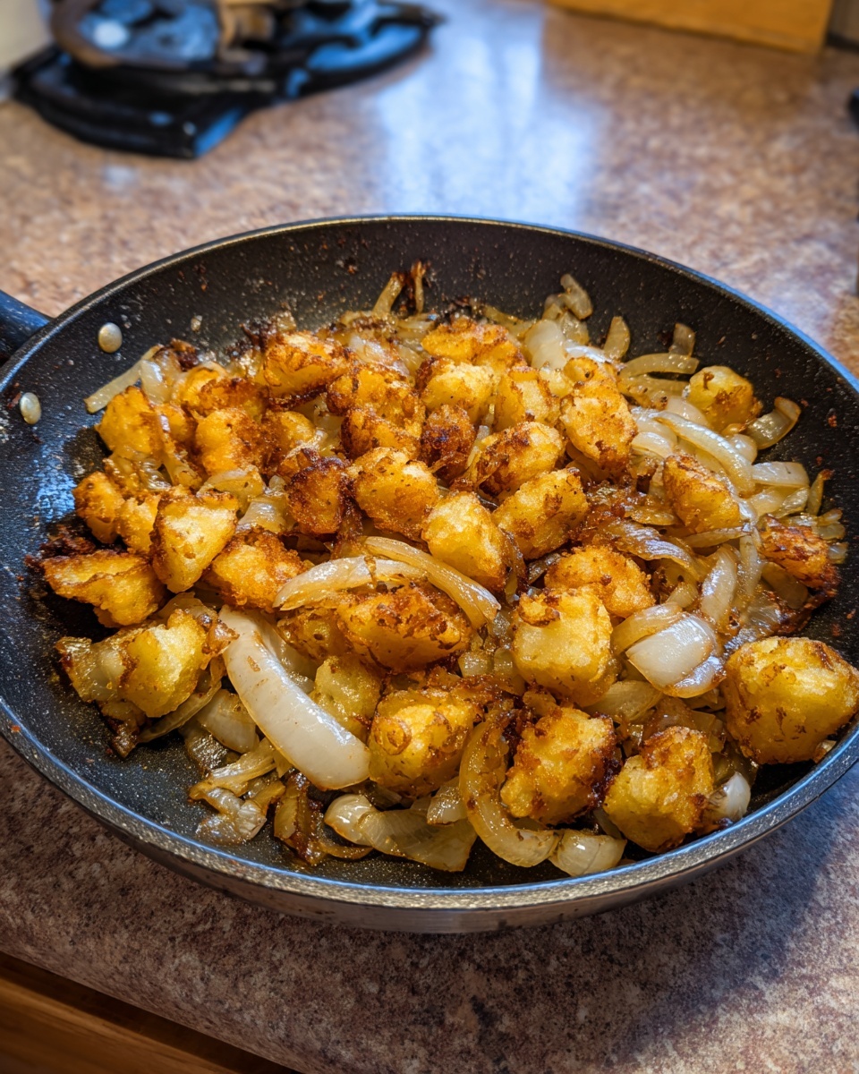 Close-up of golden brown, crispy fried potatoes mixed with caramelized onions cooking in a black skillet.