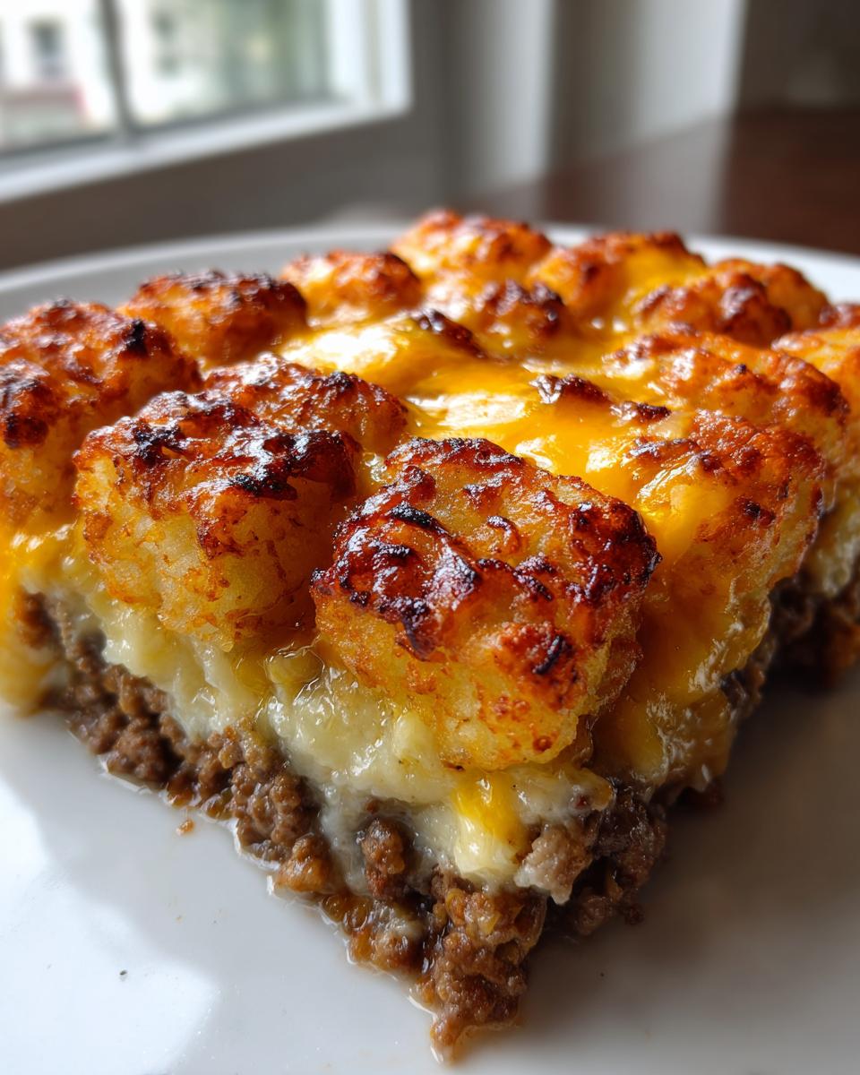 Close-up of a serving of tater tot casserole showing crispy tater tots, melted cheese, and a ground meat layer.