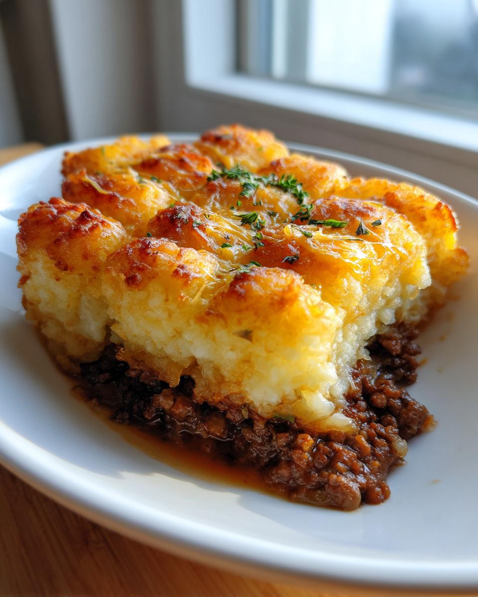 A close-up of a slice of tater tot casserole showing crispy, cheesy tots over a rich meat filling.