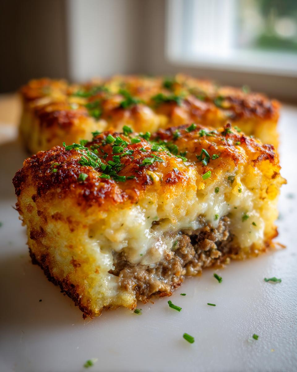 Close-up of a crispy tater tot casserole slice showing melted cheese and ground meat filling.
