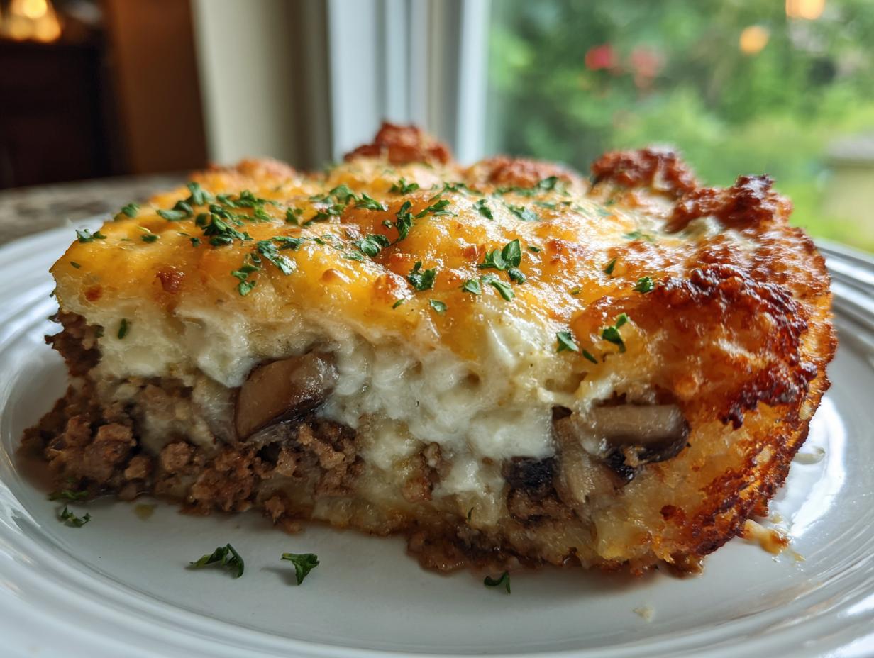 A thick slice of tater tot casserole showing crispy edges, ground meat, creamy filling, and melted cheese topping.