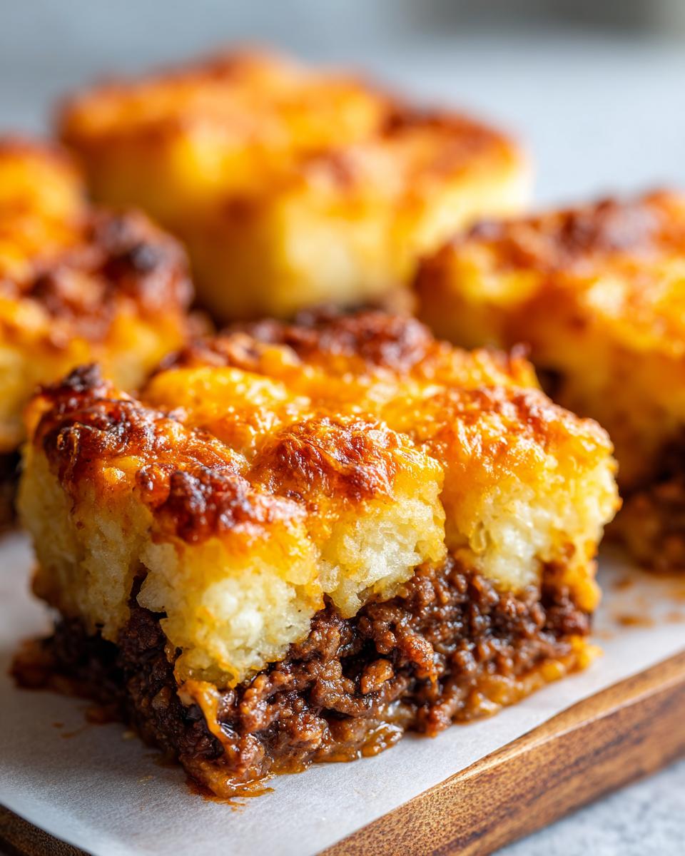 Close-up of a square serving of tater tot casserole showing a crispy, golden-brown potato topping over savory ground meat filling.