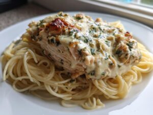 A close-up of crock pot angel chicken served over a bed of spaghetti noodles, topped with creamy sauce.