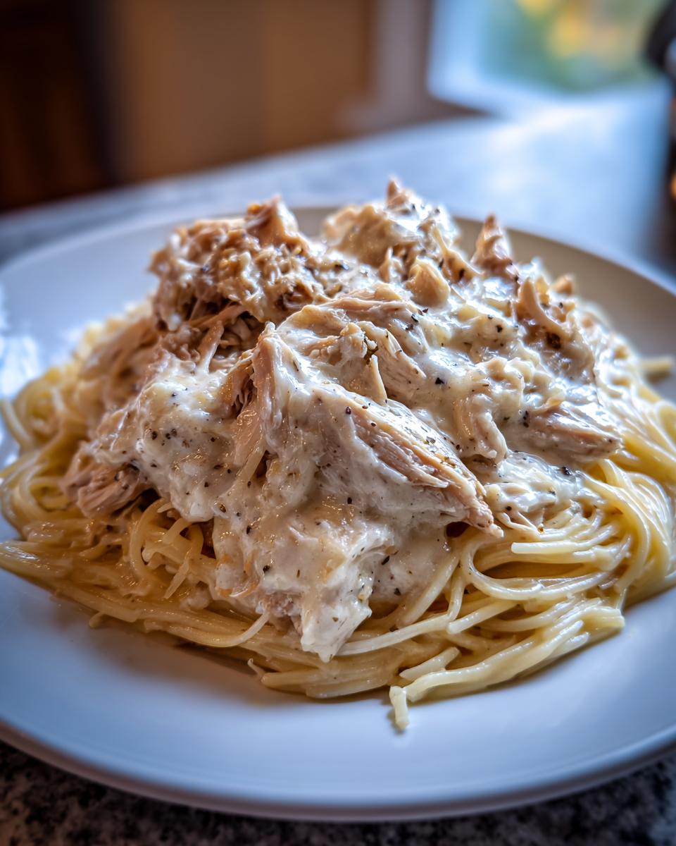 Shredded chicken in a creamy sauce topping spaghetti, representing the crock pot angel chicken recipe.