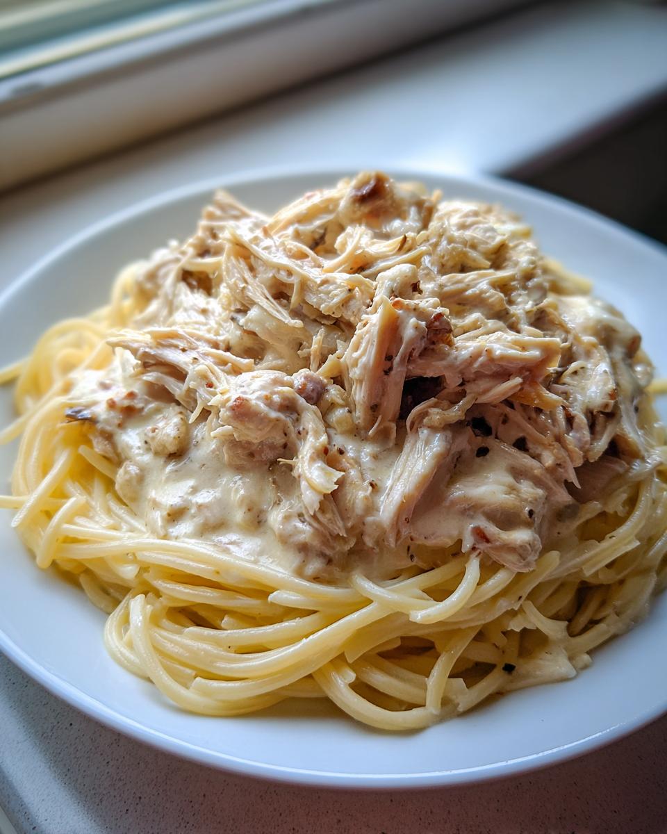 A plate of spaghetti topped with creamy, shredded crock pot angel chicken sauce.