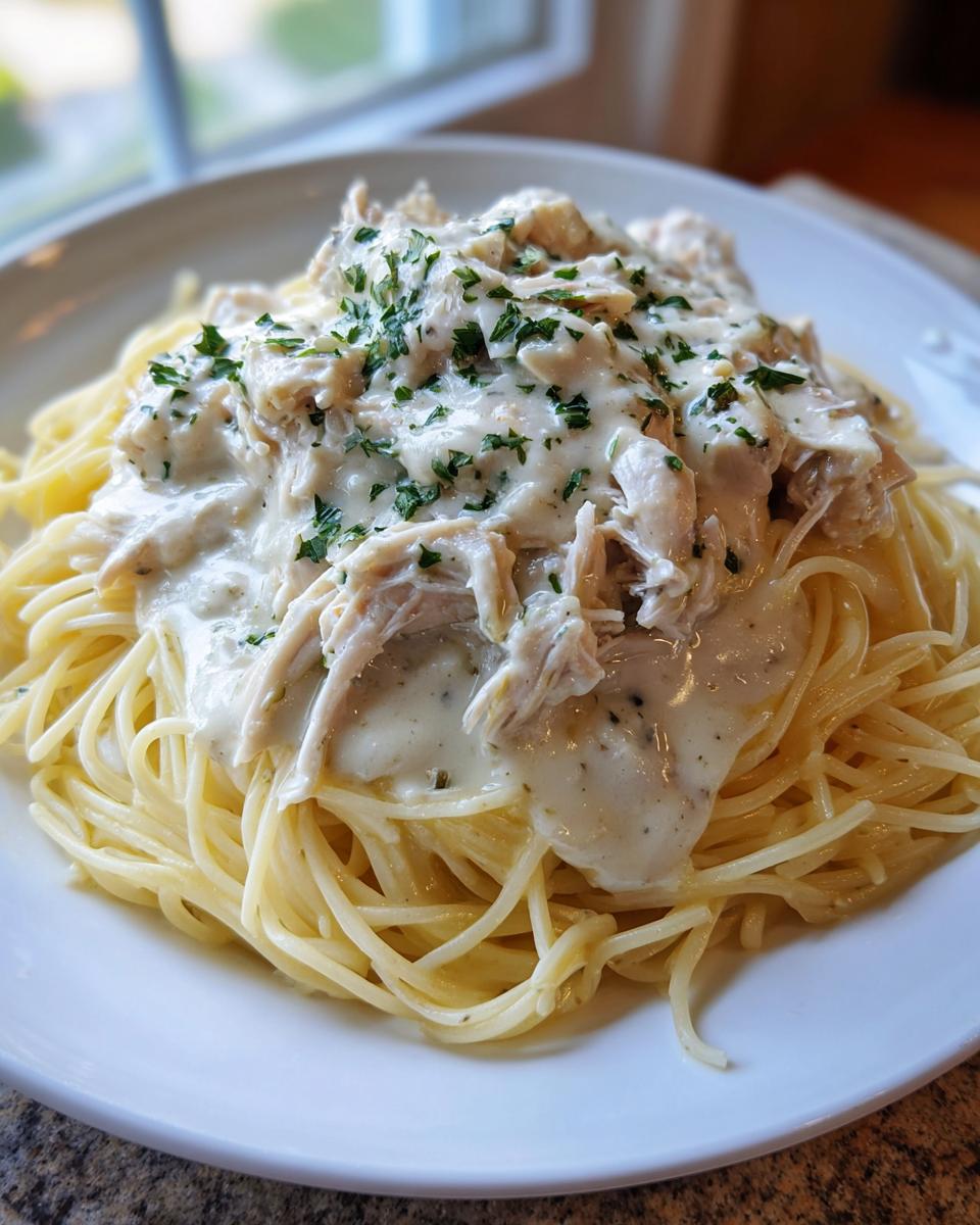 A serving of crock pot angel chicken in a creamy sauce over a bed of spaghetti, garnished with parsley.
