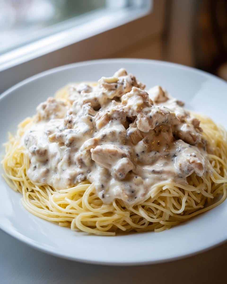 Close-up of crock pot angel chicken in a creamy sauce served over a bed of spaghetti noodles.