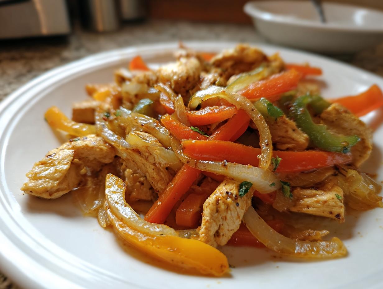 Close-up of seasoned chicken strips mixed with sautéed onions and colorful bell peppers, ready to eat crockpot chicken fajitas.