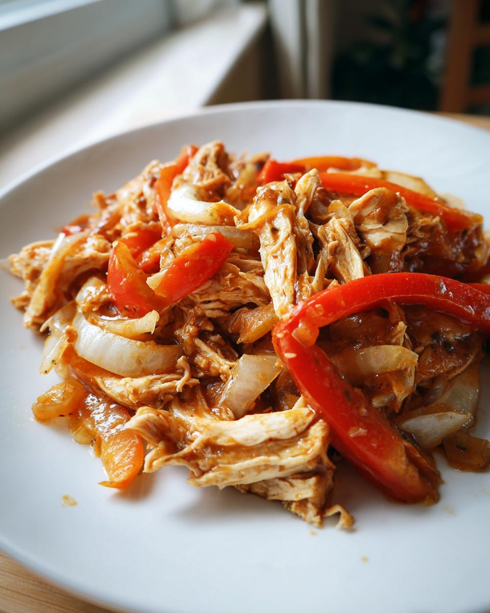Close-up of shredded chicken mixed with sautéed red peppers and onions, ready for crockpot chicken fajitas.