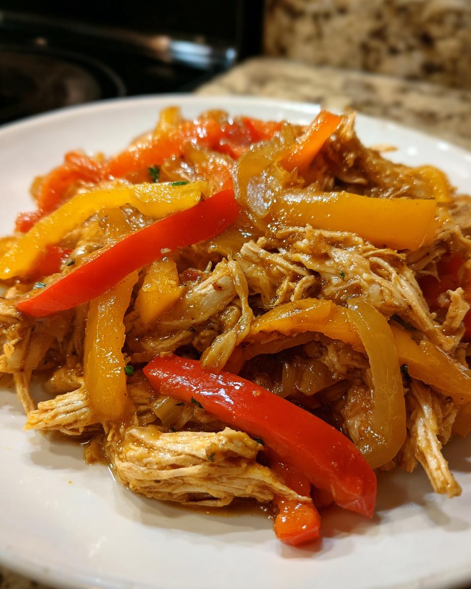 Close-up of shredded chicken mixed with sautéed red and yellow bell peppers, ready for crockpot chicken fajitas.