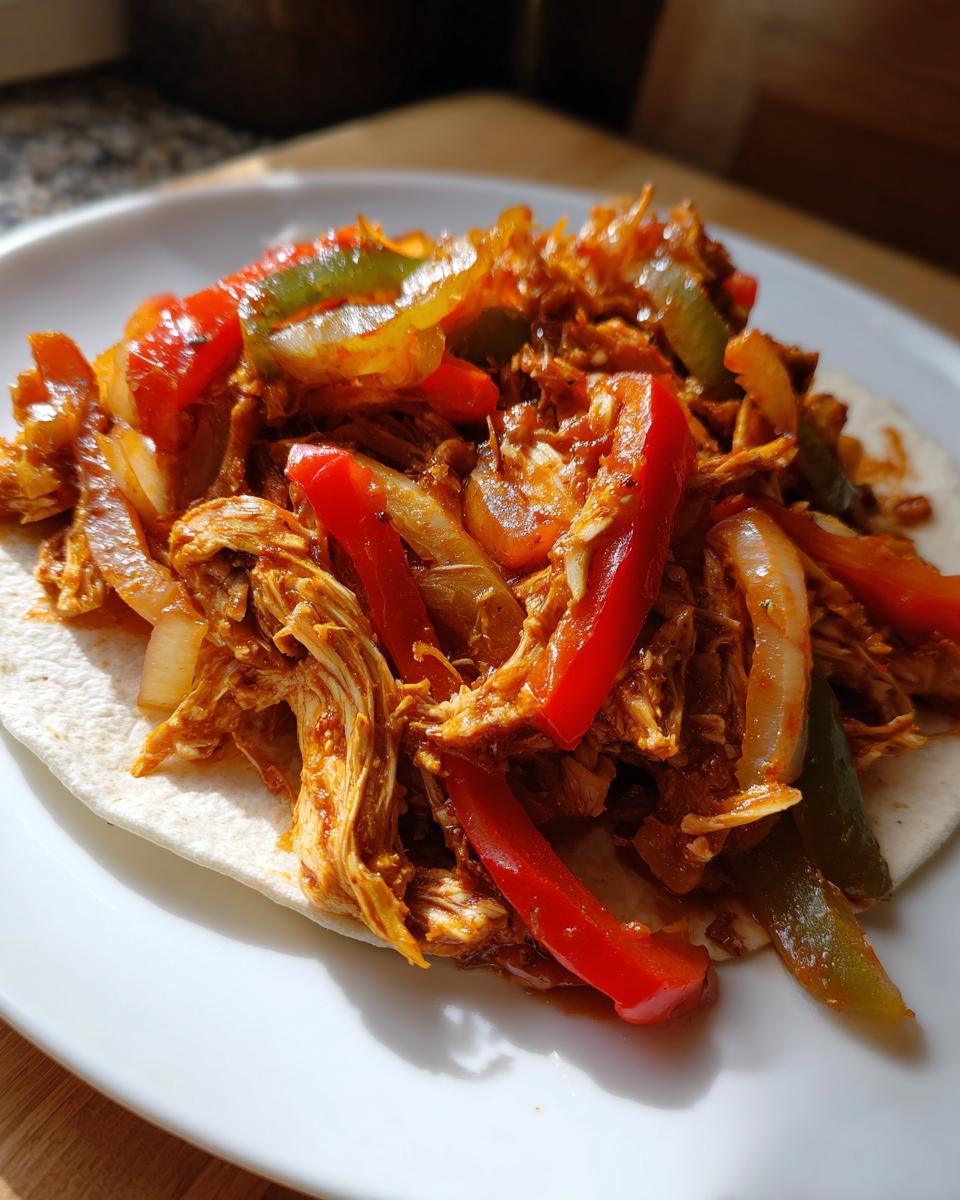Close-up of shredded chicken mixed with sautéed red and green peppers and onions for crockpot chicken fajitas, served on a tortilla.
