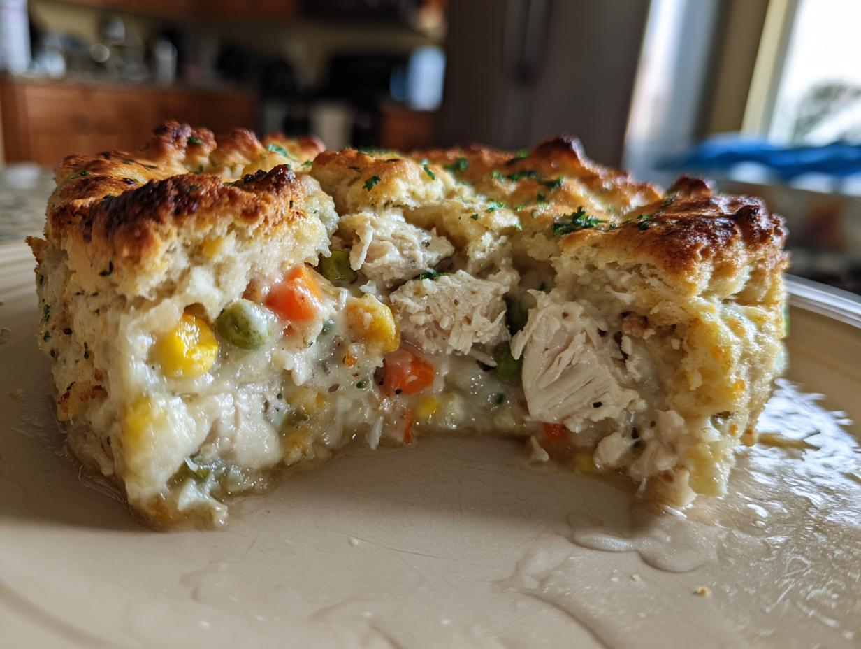 Close-up of a slice of chicken pot pie showing creamy filling, shredded chicken, carrots, peas, and corn under a golden biscuit crust.