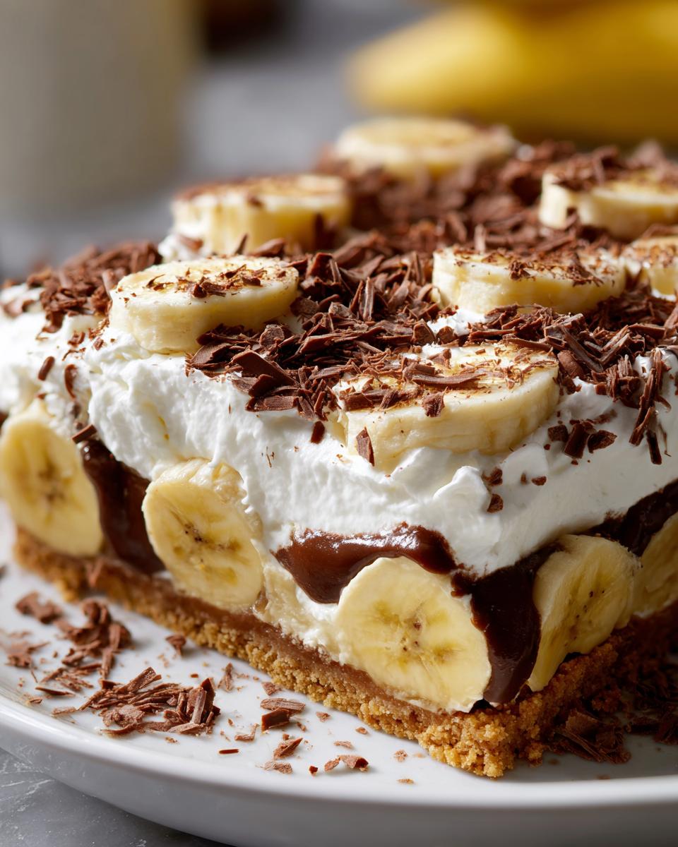 A decadent slice of banoffee pie featuring a graham cracker crust, chocolate sauce, bananas, whipped cream, and chocolate shavings.