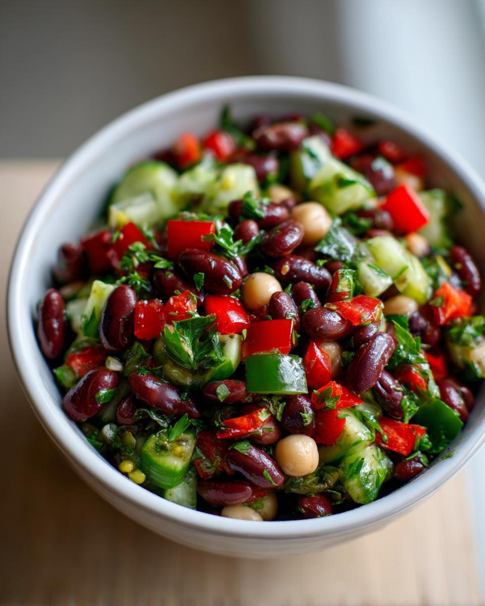 Close-up of a vibrant dense bean salad featuring kidney beans, chickpeas, cucumber, and red pepper.