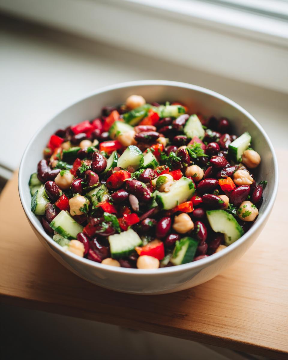 A close-up of a white bowl filled with dense bean salad featuring kidney beans, chickpeas, cucumber, and red pepper.