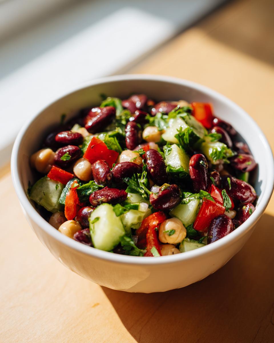 Close-up of a white bowl filled with dense bean salad featuring kidney beans, chickpeas, cucumber, and red pepper.