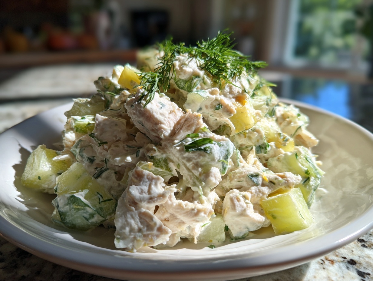 A close-up of a serving of creamy dill pickle chicken salad topped with fresh dill.