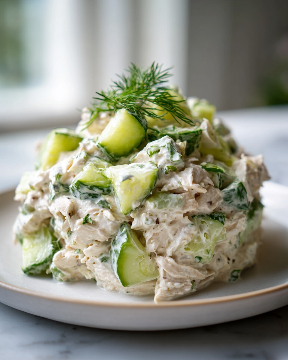 A mound of creamy dill pickle chicken salad mixed with large chunks of fresh cucumber and topped with dill.