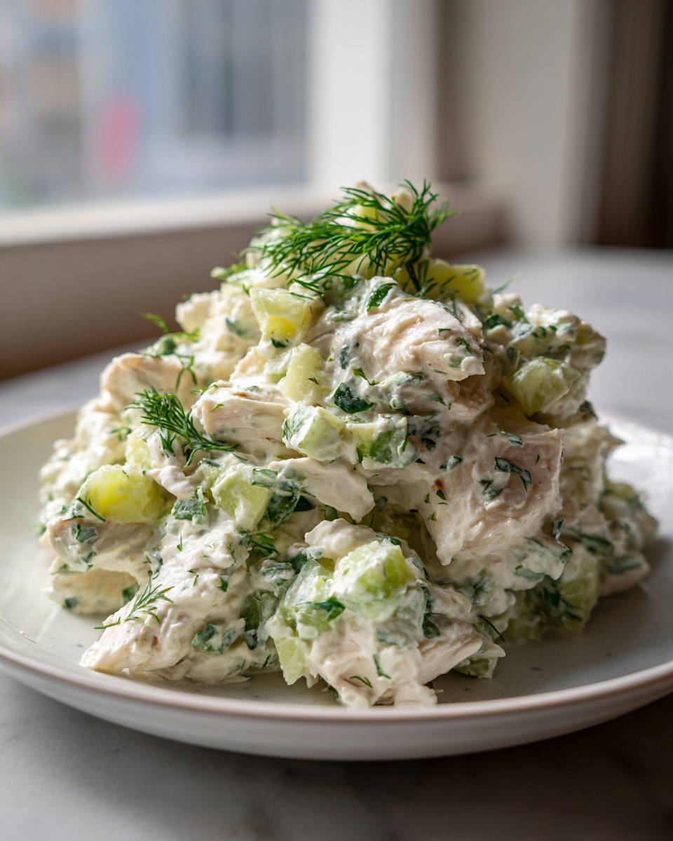 A generous serving of creamy dill pickle chicken salad piled high on a white plate, garnished with fresh dill.
