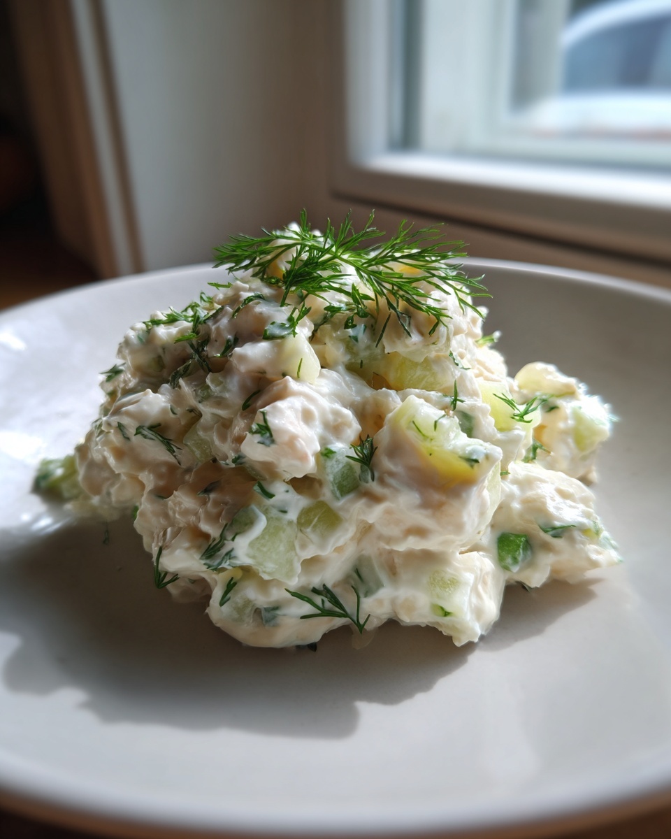 A scoop of creamy dill pickle chicken salad garnished with fresh dill sprigs on a white plate.