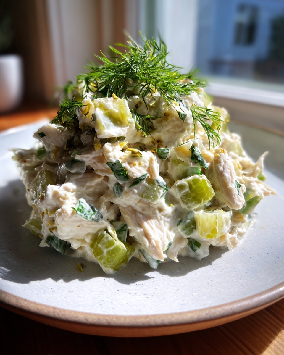 A mound of creamy dill pickle chicken salad topped with fresh dill sprigs on a light blue plate.
