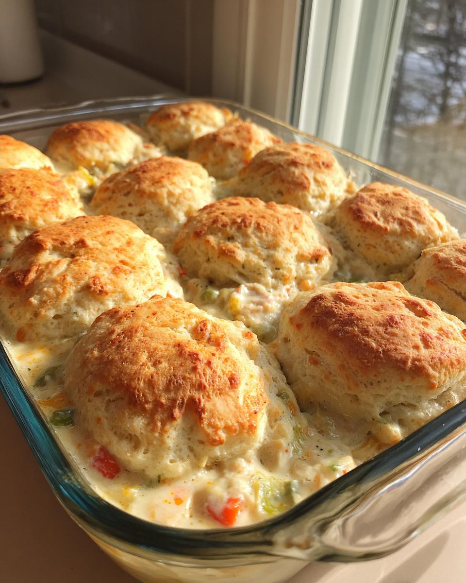 Close-up of easy chicken pot pie with biscuits topping baked in a clear glass casserole dish.
