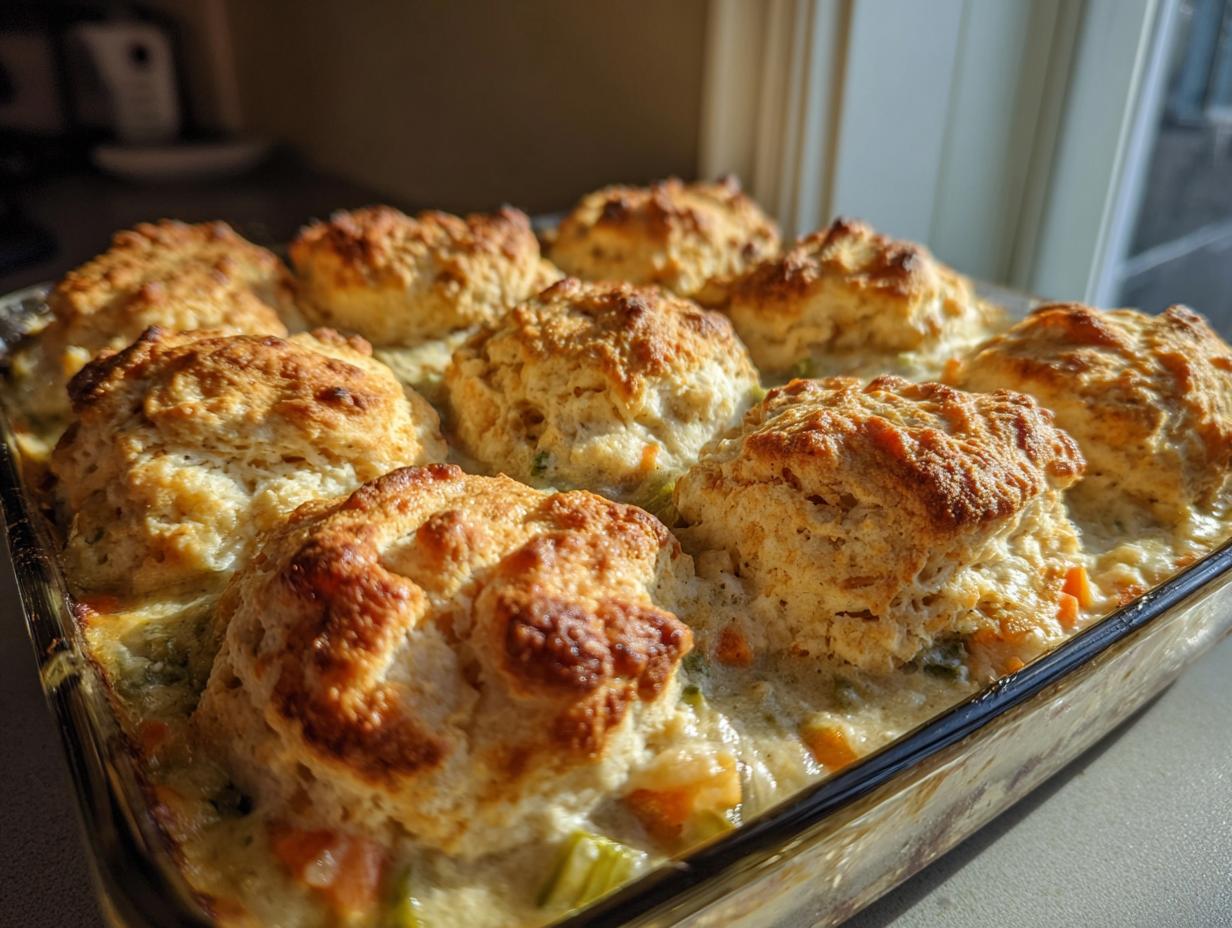 Close-up of an easy chicken pot pie with biscuits topping, baked golden brown in a glass dish.