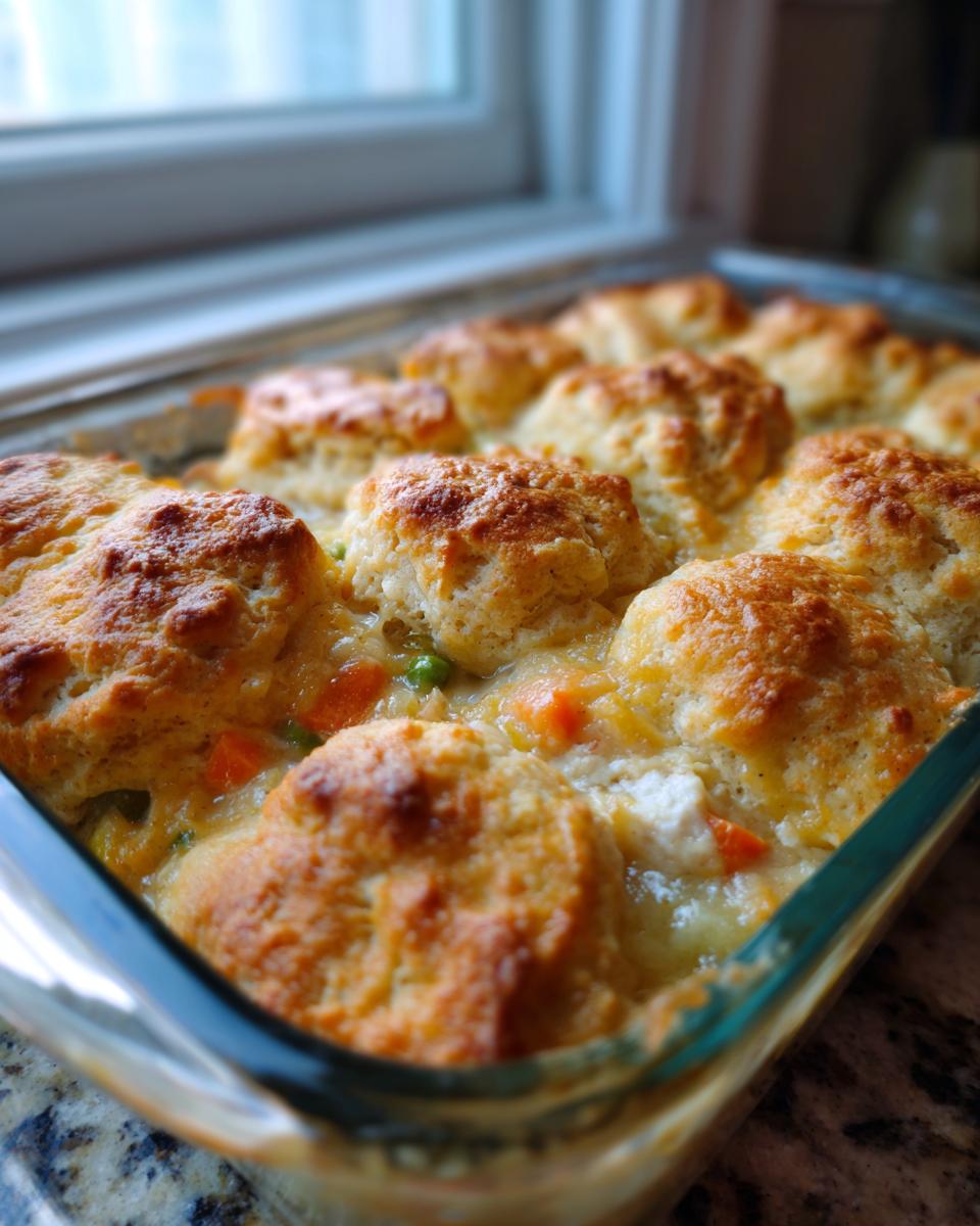 Close-up of a freshly baked chicken pot pie with biscuits topping, bubbling in a glass baking dish.