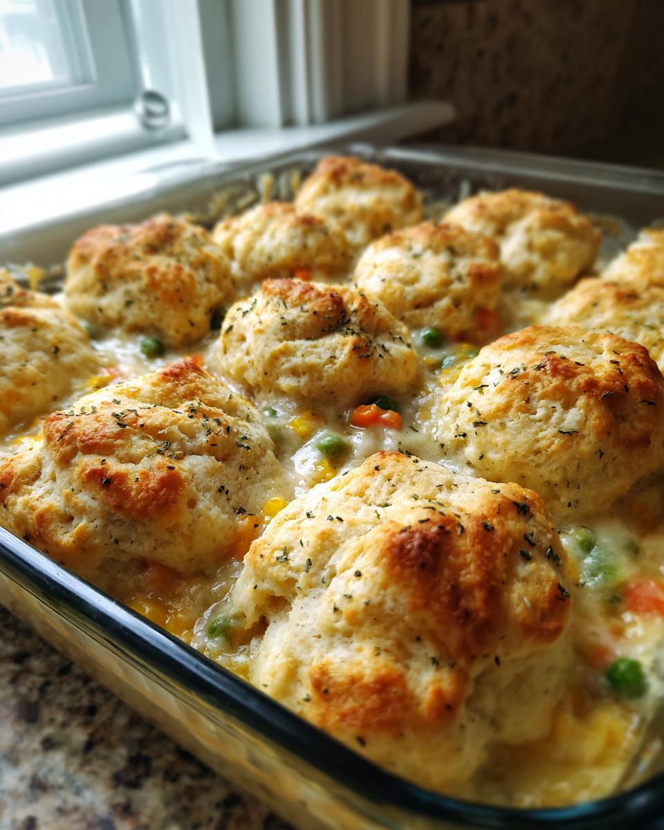 Close-up of an easy chicken pot pie with biscuits topping, baked in a glass dish.