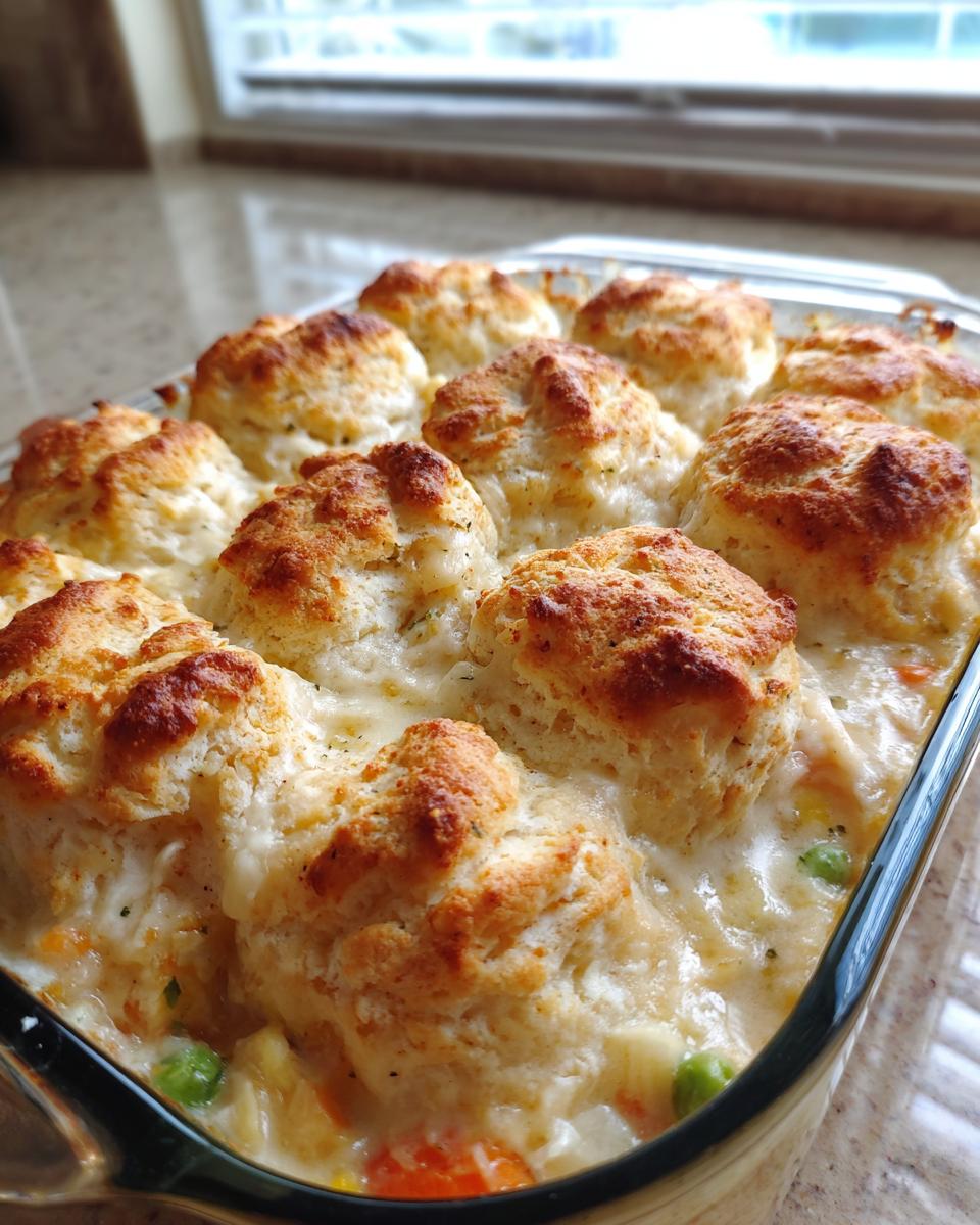 Close-up of easy chicken pot pie with biscuits topping, baked in a clear glass casserole dish.