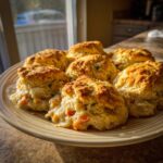 Several fluffy, golden biscuits topping a creamy filling, served as an easy chicken pot pie with biscuits.