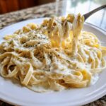 A fork lifting creamy fettuccine coated in rich Olive Garden Alfredo Sauce, sprinkled with herbs.