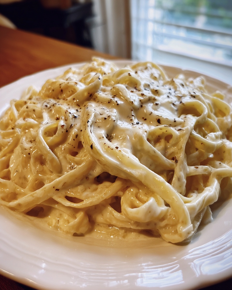 Close-up of fettuccine pasta generously coated in creamy Olive Garden Alfredo sauce and topped with black pepper.