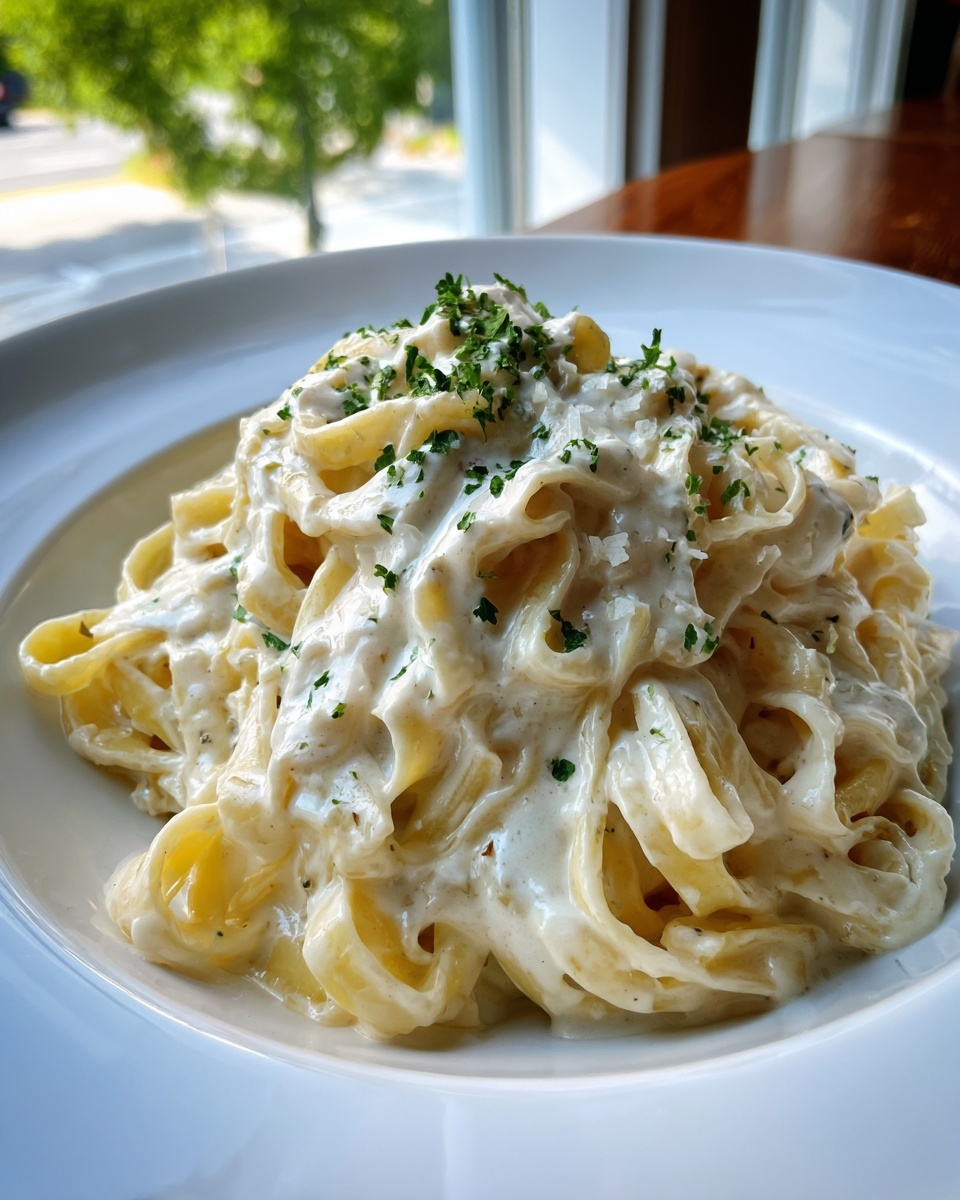 Close-up of fettuccine pasta generously coated in creamy Olive Garden Alfredo sauce, topped with parsley.