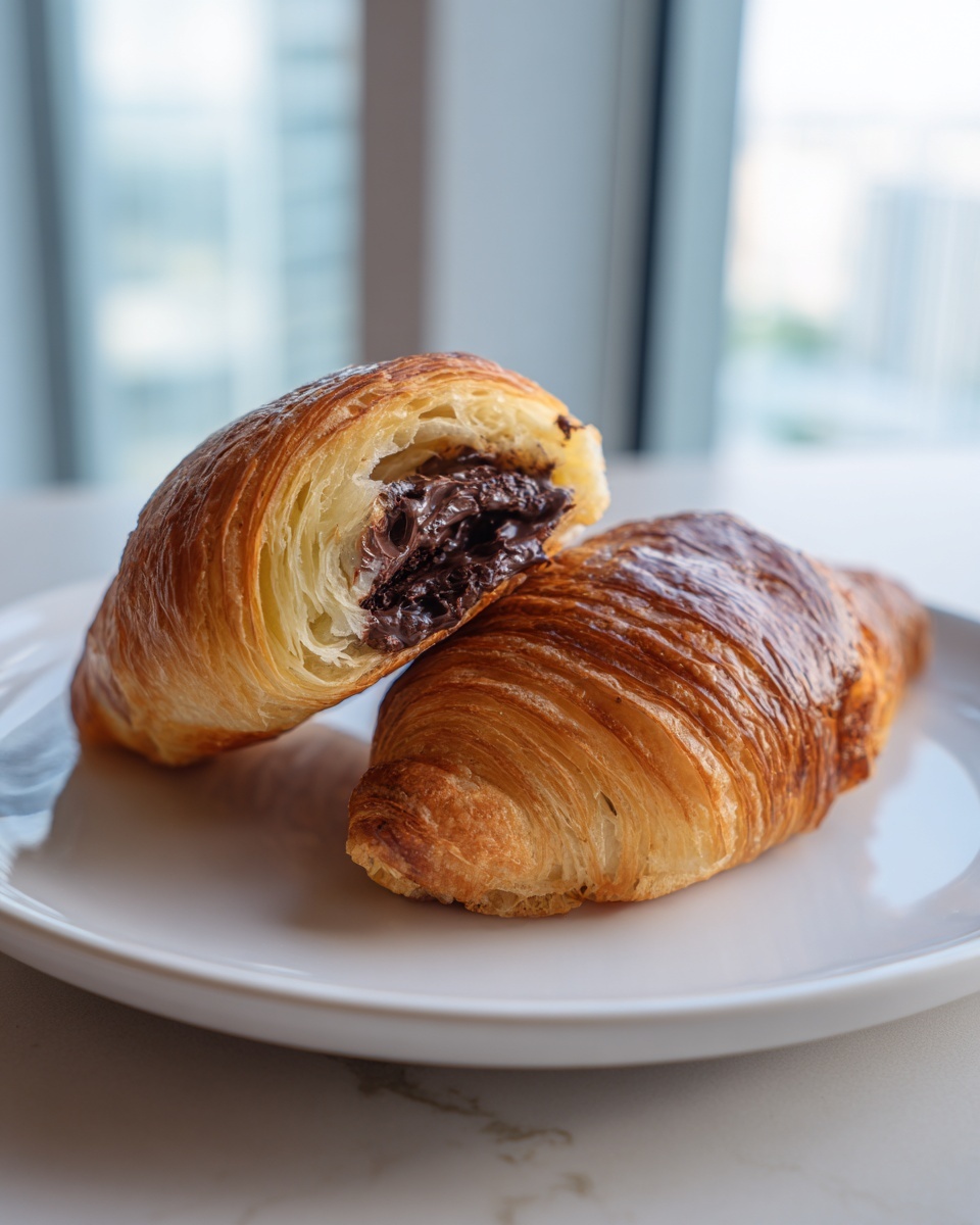 A flaky, golden brown chocolate croissant cut in half, revealing a rich, melted chocolate center.