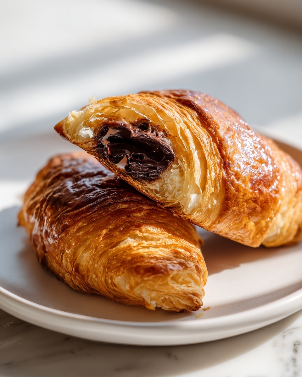 Close-up of a flaky, golden-brown chocolate croissant cut in half, revealing melted chocolate filling.