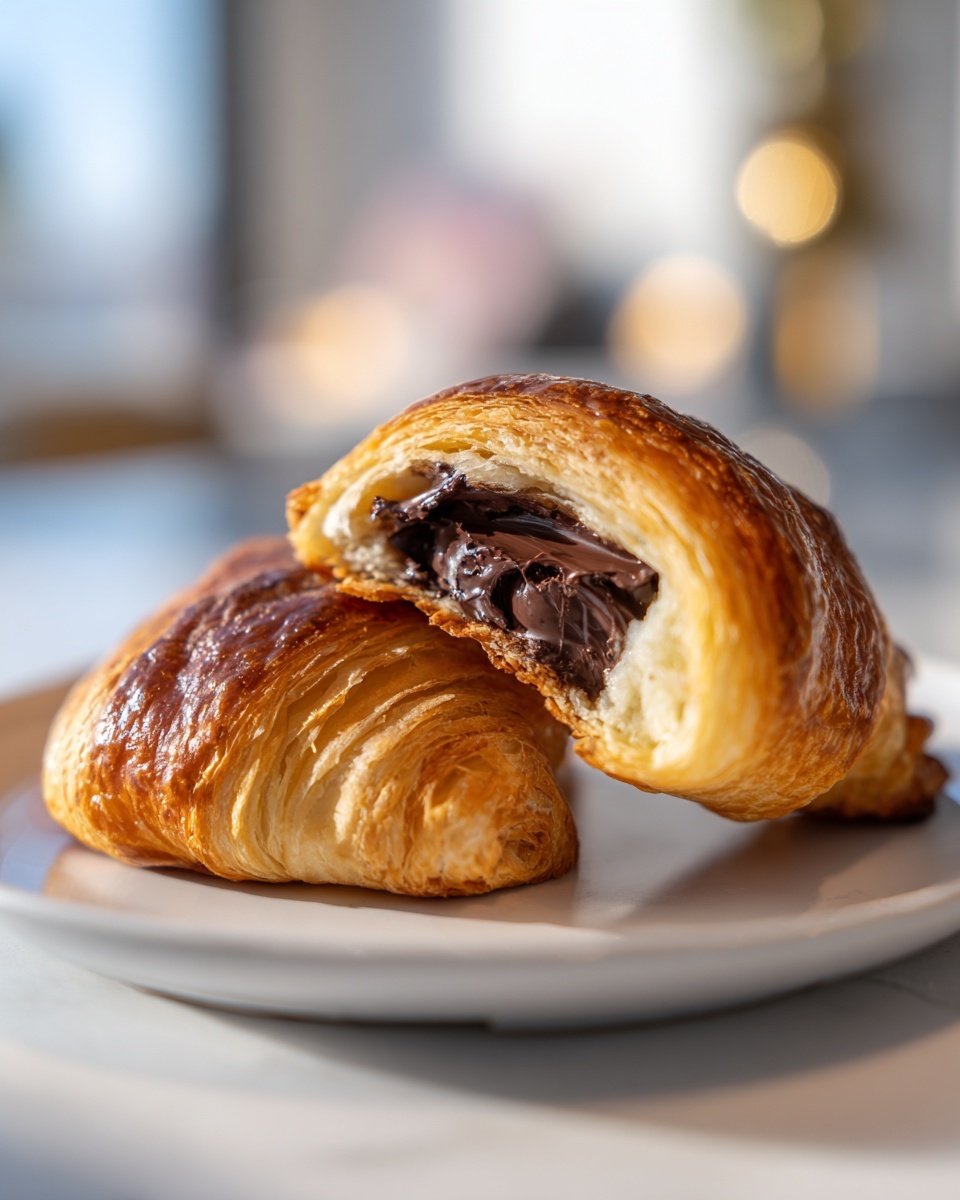 Close-up of a golden, flaky chocolate croissant cut in half revealing melted chocolate filling.