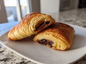 Two halves of a golden brown chocolate croissant showing flaky layers and melted chocolate filling.