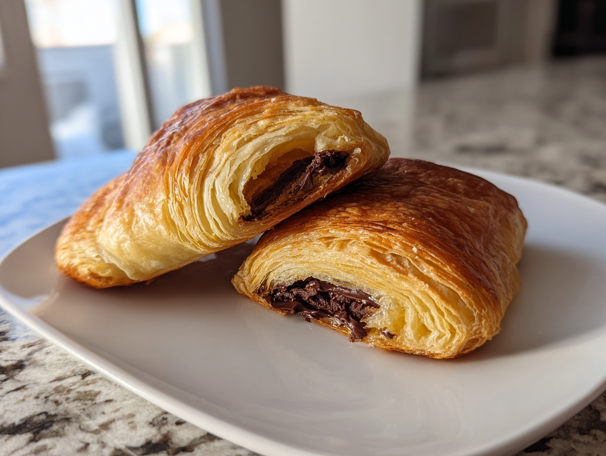 Two halves of a golden brown chocolate croissant showing flaky layers and melted chocolate filling.
