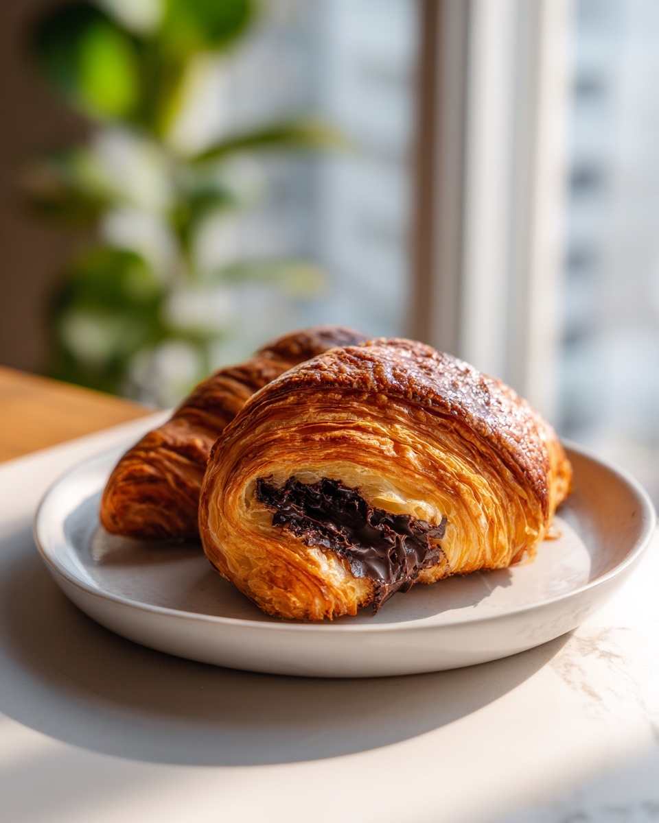 A flaky, golden brown chocolate croissant cut open to show rich, melted chocolate filling, served on a white plate.