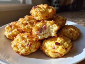 A stack of fluffy, golden brown 12-egg bites, one broken open showing ham pieces inside.