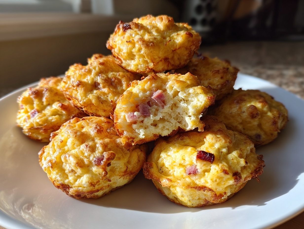 A stack of fluffy, golden brown 12-egg bites, one broken open showing ham pieces inside.