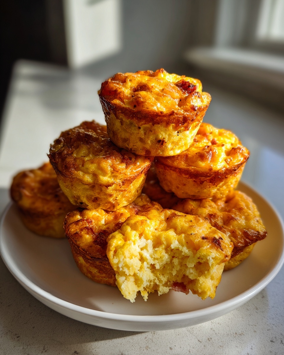 A stack of golden-brown, fluffy 12-egg bites on a white plate, one bitten into.